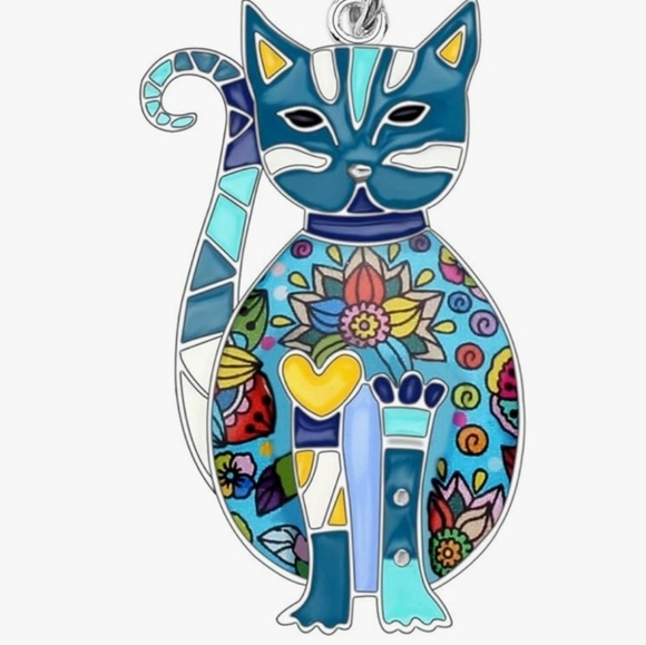 Floral Cat Necklace Enamel Kitten Pendant on Alloy Chain Jewelry for Cat Lovers - Picture 2 of 11